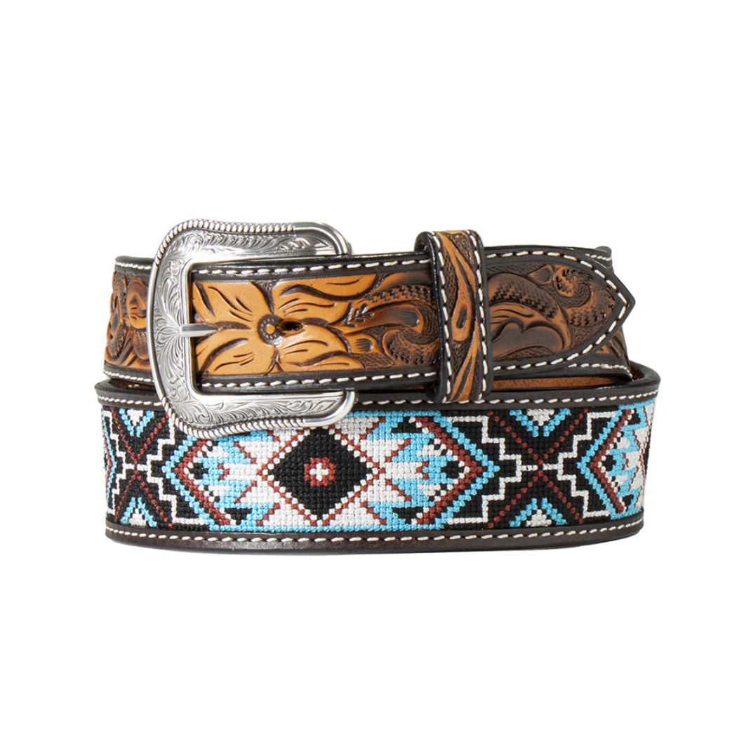 Mens Tooled Belt with Blue Embroidered Inlay