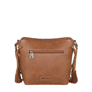 Crossbody Purse Round Patch Floral Tooled - Tan