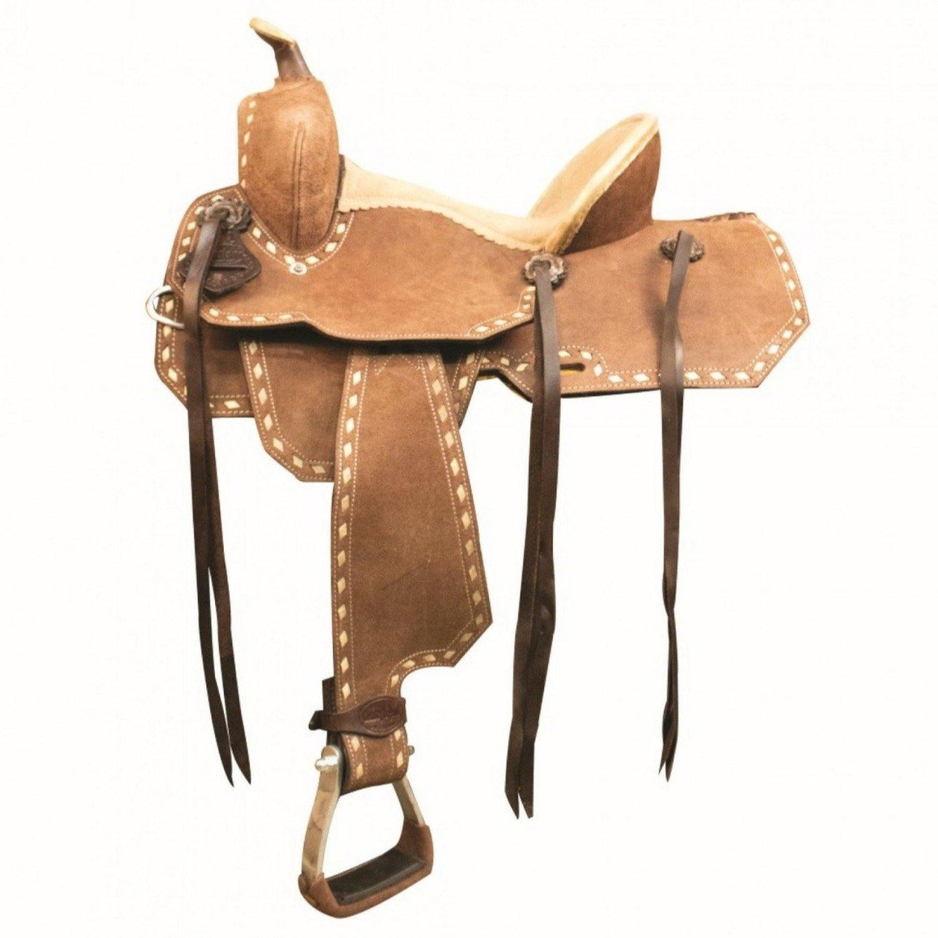 Ancienne selle cheval western cuir marron JEUNESSE avec anneaux sangle corne lai Ancienne selle cheval western cuir marron JEUNESSE avec anneaux sangle corne lai