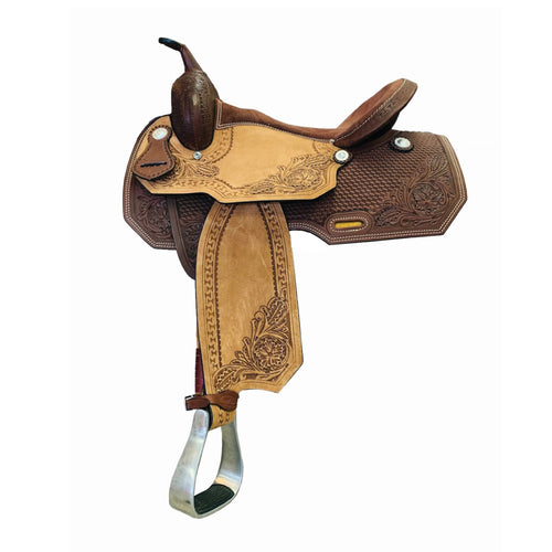 Selle western baril ambidextre TONINO CURVED avec renforts en cuir et Selle western baril ambidextre TONINO CURVED avec renforts en cuir et
