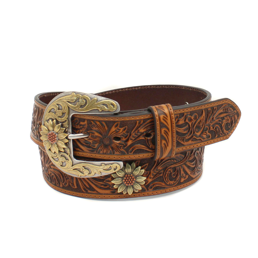 Ladies Tooled Leather Belt with Flower Concho
