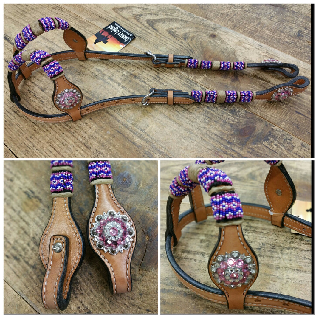 Pink Beads & Crystal Conchos Double Ear Headstall