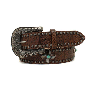 Ladies Leather Belt Aztec Design with Turquoise Cross Conchos